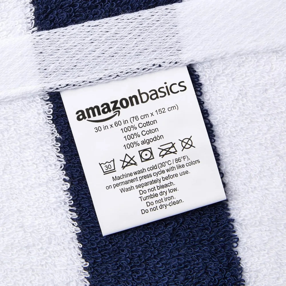 2PCS 100% Cotton Cabana Stripe Beach Towels – 30x60", Soft & Absorbent (Navy Blue)