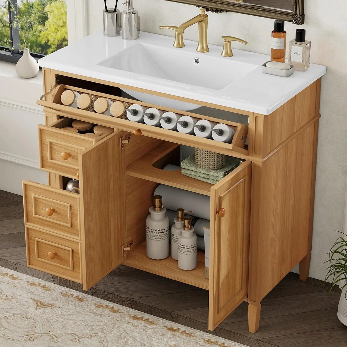 36" Free Standing Bathroom Vanity with Sink, Tip-Out Drawer & 3 Drawers & 2 Doors, Wood Cabinet with Ceramic Basin