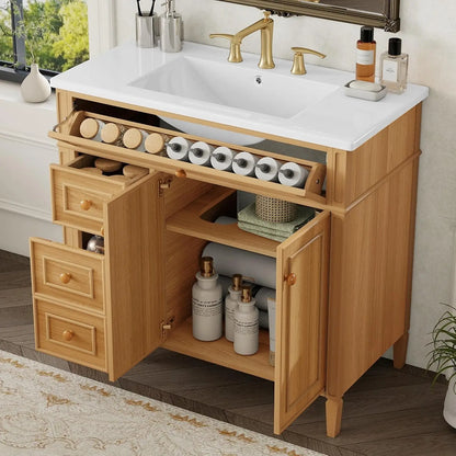 36" Free Standing Bathroom Vanity with Sink, Tip-Out Drawer & 3 Drawers & 2 Doors, Wood Cabinet with Ceramic Basin