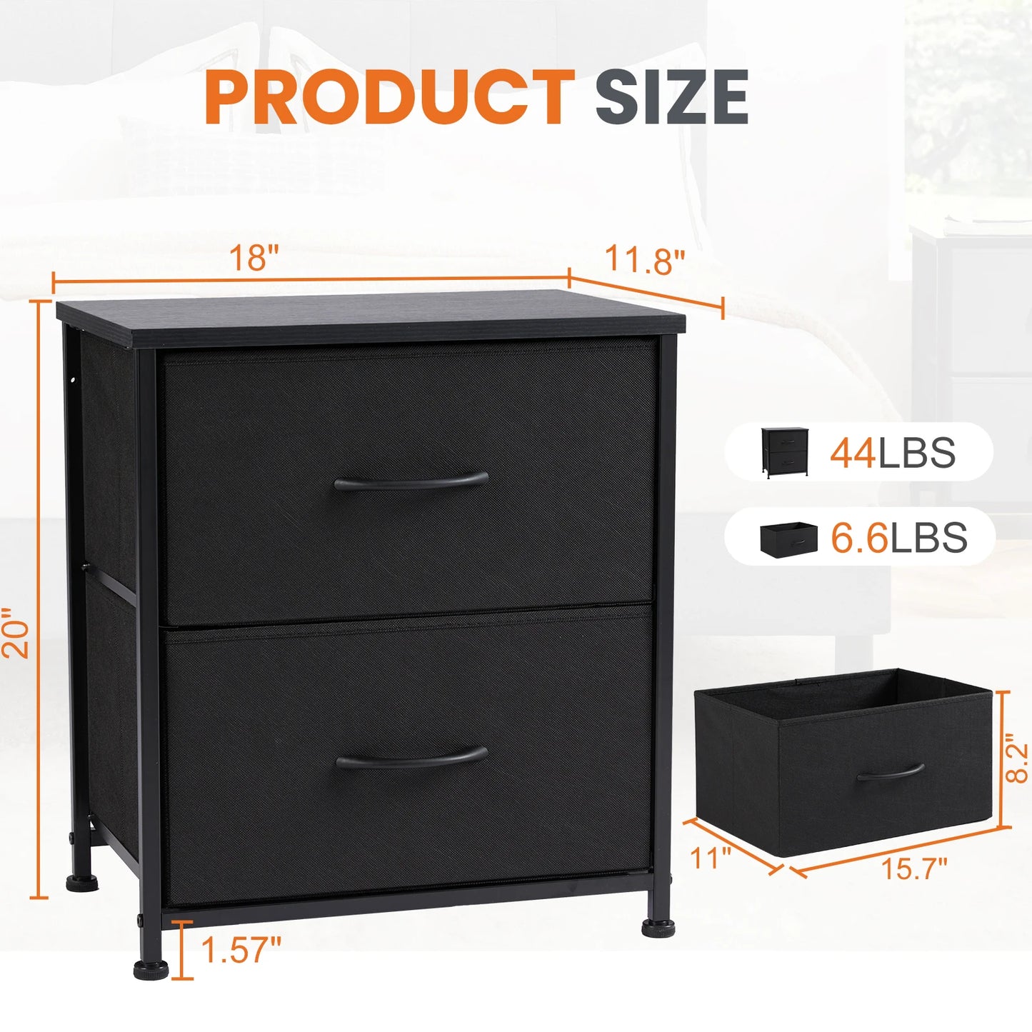JHK Nightstand Bedside Coffee Sofa Tea Table Storage Closet Chest Clothes Display For Bedroom 2 Fabric Drawers