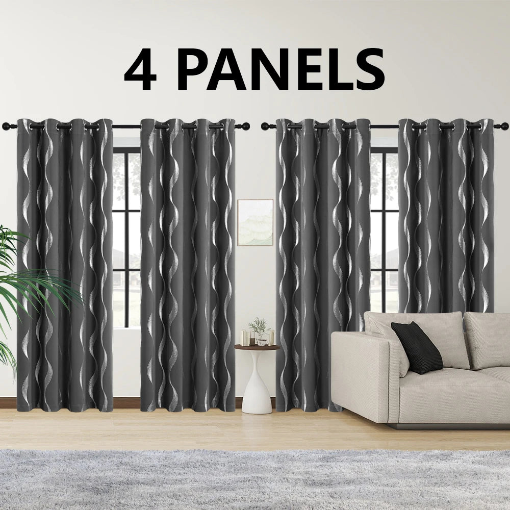 4PCS Blackout Curtains Grommet Thermal Insulated Room Darkening With Wave Foil Printed For Bedroom/Livingroom