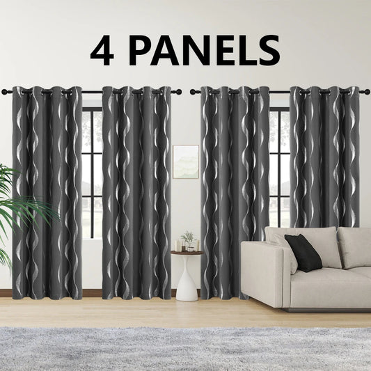 4PCS Blackout Curtains Grommet Thermal Insulated Room Darkening With Wave Foil Printed For Bedroom/Livingroom