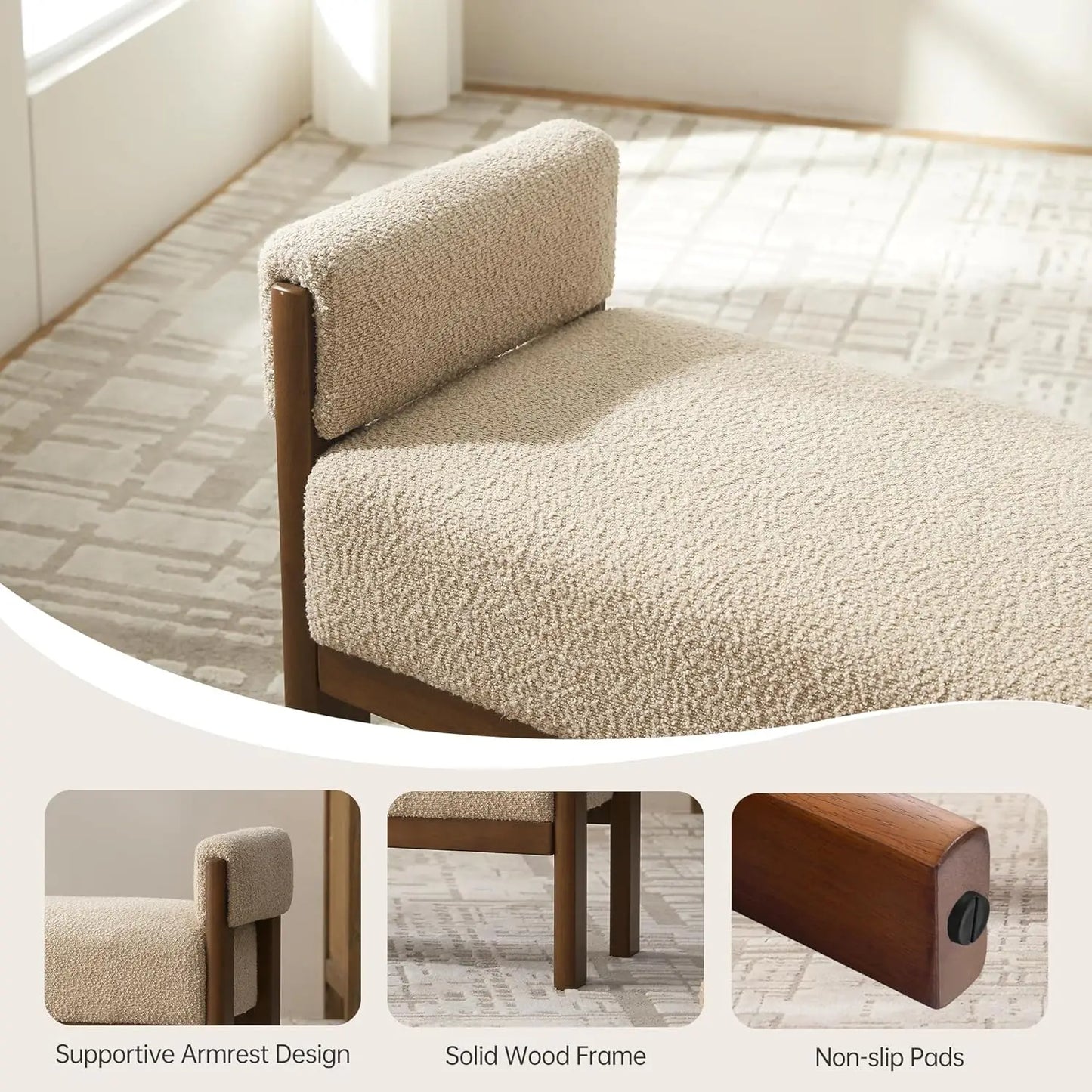 51.8” Modern Upholstered Bedroom Bench Indoor Bench with Arms, Entryway Bench with Solid Wood Frame