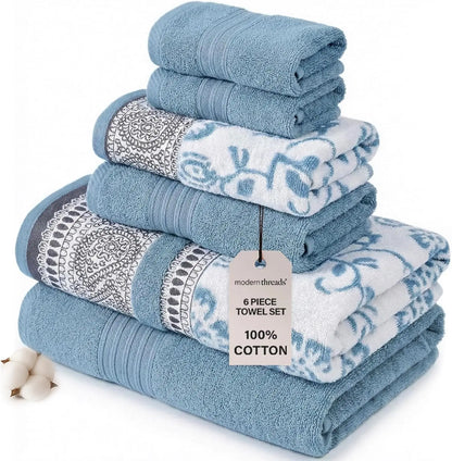 6-Piece Jacquard Towel Set: 2 Bath, 2 Hand, 2 Washcloths in Ophelia Blue