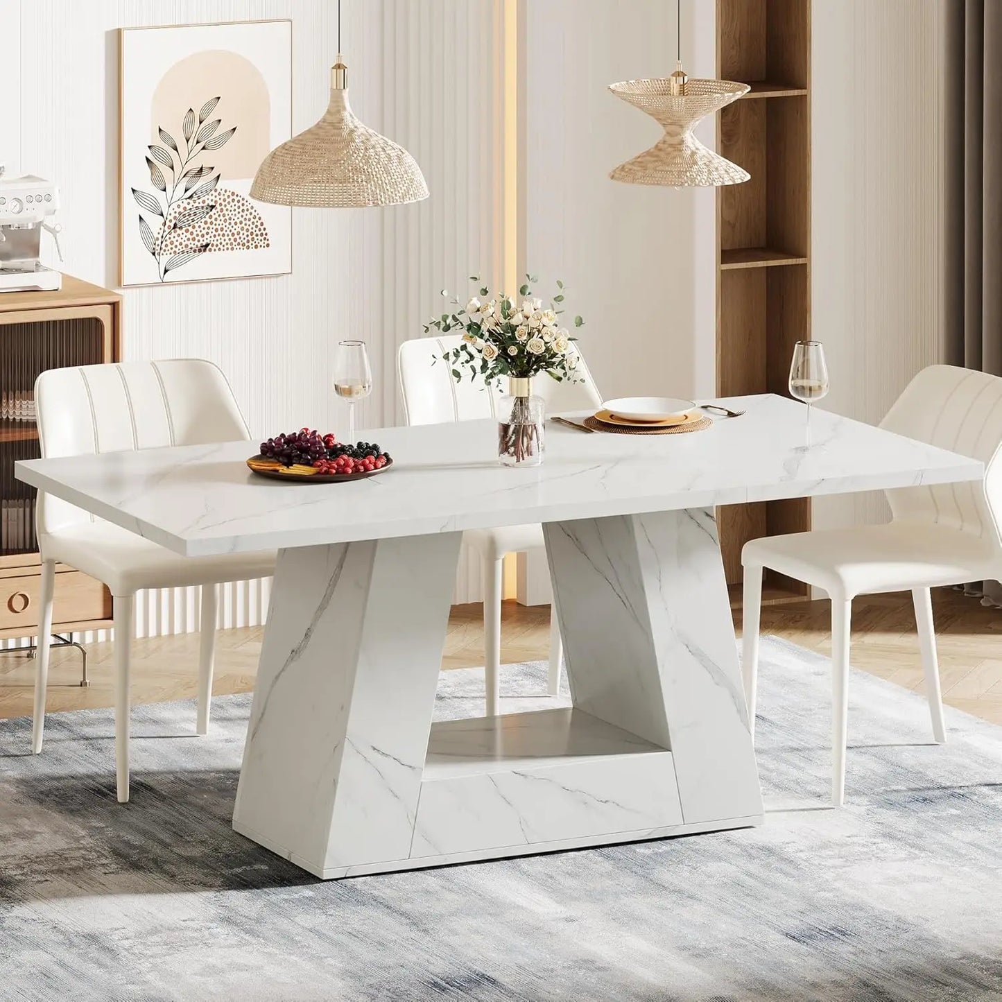Dining Table for 4 to 6 People, Rectangular Dining Room Table, Dinner Table with Sturdy Base for Kitchen