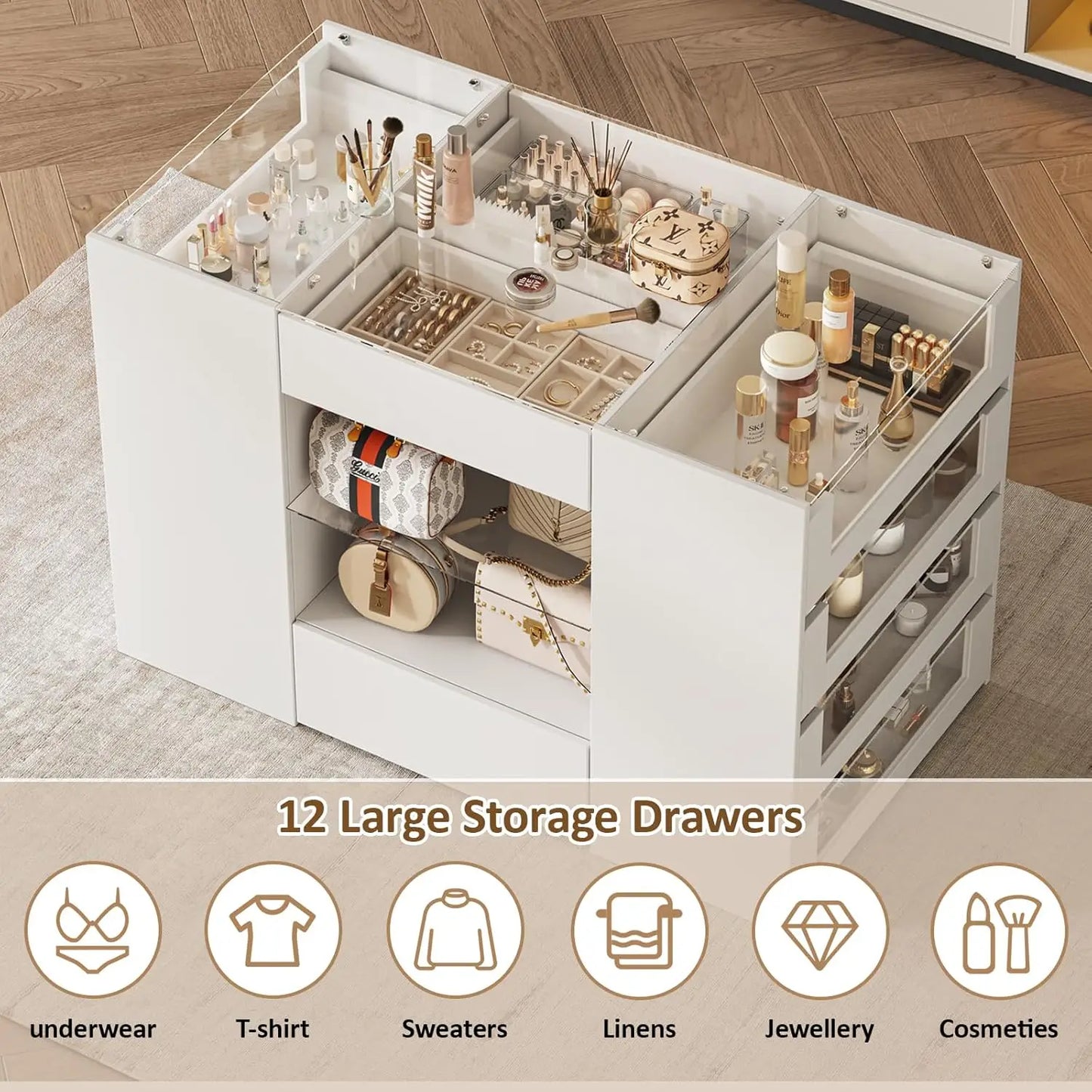 White Wardrobe Armoire with Glass Top and 12 Drawers for Bedroom Walk-in Closet
