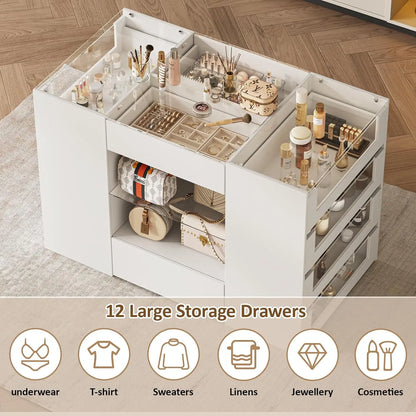 White Wardrobe Armoire with Glass Top and 12 Drawers for Bedroom Walk-in Closet