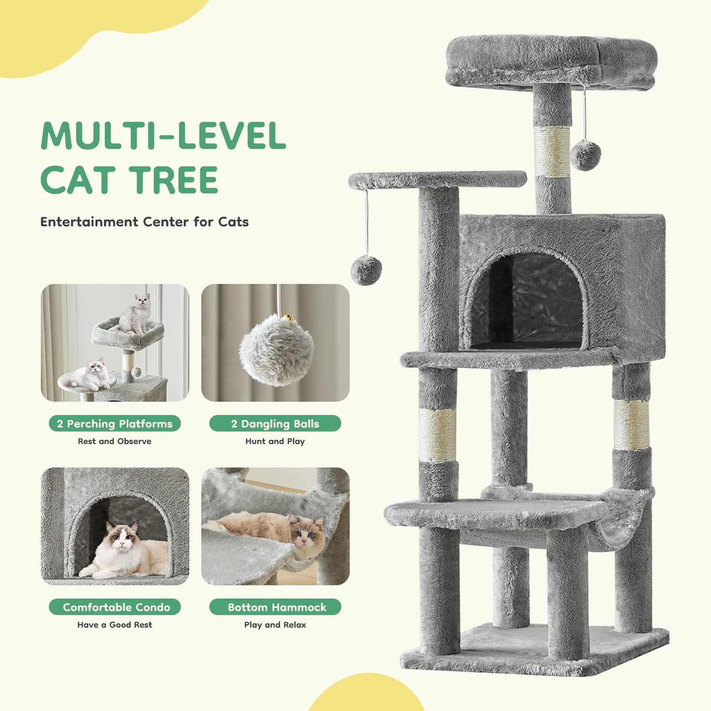 JHK 44In Cat Tree Tall Multi-Cat Climbing Tower for Pet Furniture Natural Sisal Scratching Posts