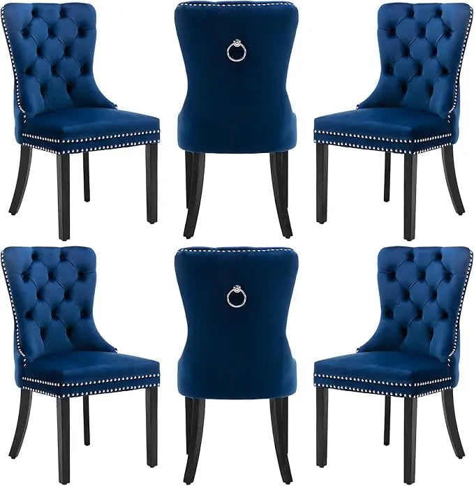 Velvet Dining Chairs Set of 6, Dining Room Chairs with Wood Legs and Pull Ring, Luxury Side Chair