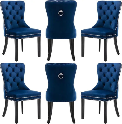 Velvet Dining Chairs Set of 6, Dining Room Chairs with Wood Legs and Pull Ring, Luxury Side Chair