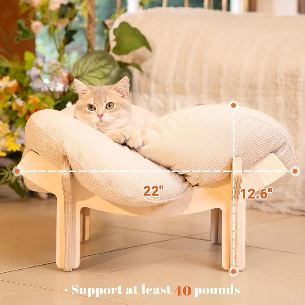 Elevated Cat Bed Wooden With Cushion Fluffy Pet Couch Sofa For Indoor Cats Raised Kitty Lounge Chair