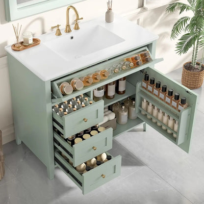 36" Free Standing Bathroom Vanity with Sink, Tip-Out Drawer & 3 Drawers & 2 Doors, Wood Cabinet with Ceramic Basin
