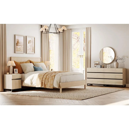 Dresser and Nightstand Set of 3, 63 Inches Dresser with 6 Drawers, 2 Nightstand with Drawer and Cabinet