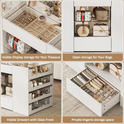 White Wardrobe Armoire with Glass Top and 12 Drawers for Bedroom Walk-in Closet