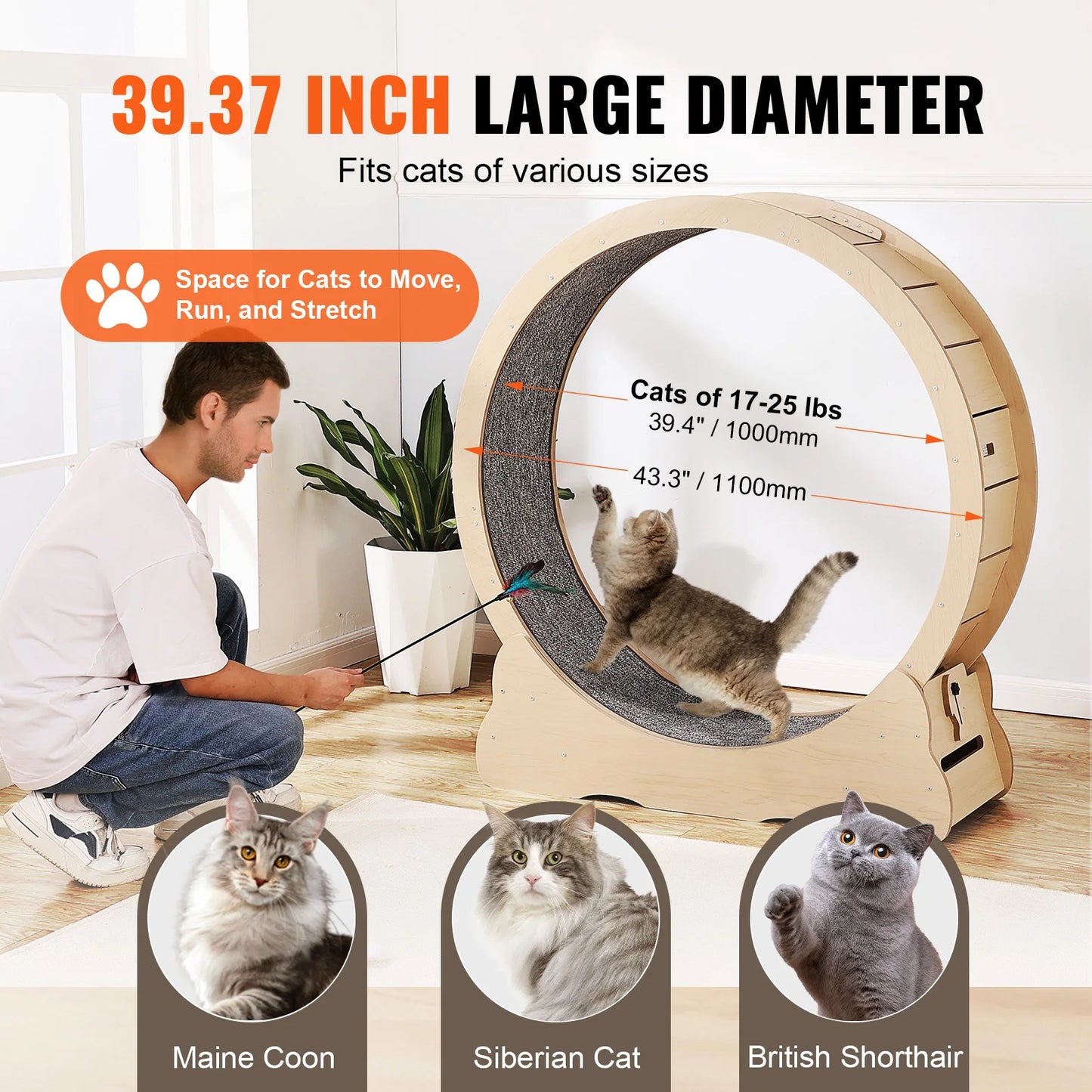Wooden Cat Exercise Wheel Large Cat Treadmill Wheel for Indoor Cat with Detachable Carpet& Cat Teaser