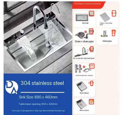 Digital fly rain waterfall sink embossed stainless steel large single sink kitchen black washbasin