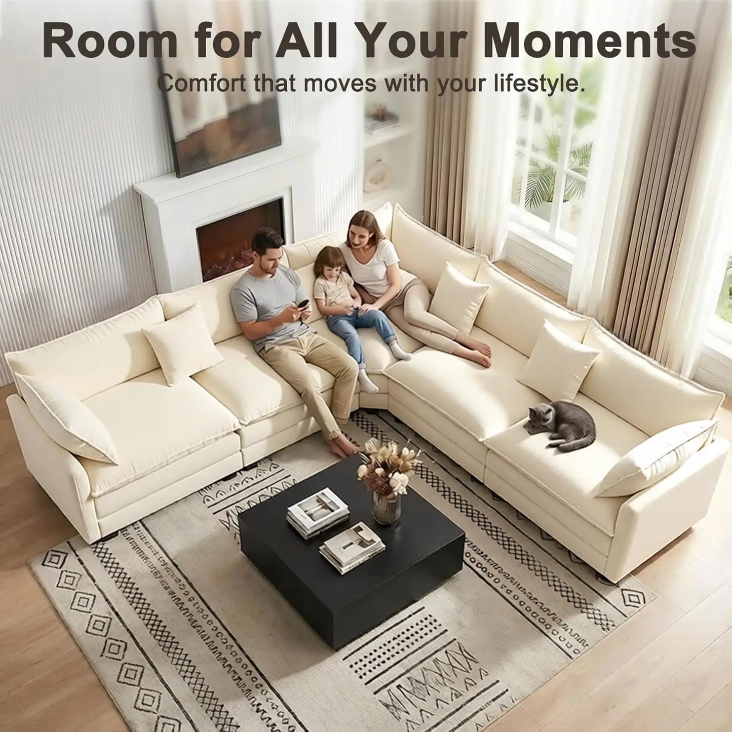 111.4" V-Shaped Corner Couch Sectional｜5 Seat Customizable Modular Cloud Couches with Chenille Deep Seat Sofa Set