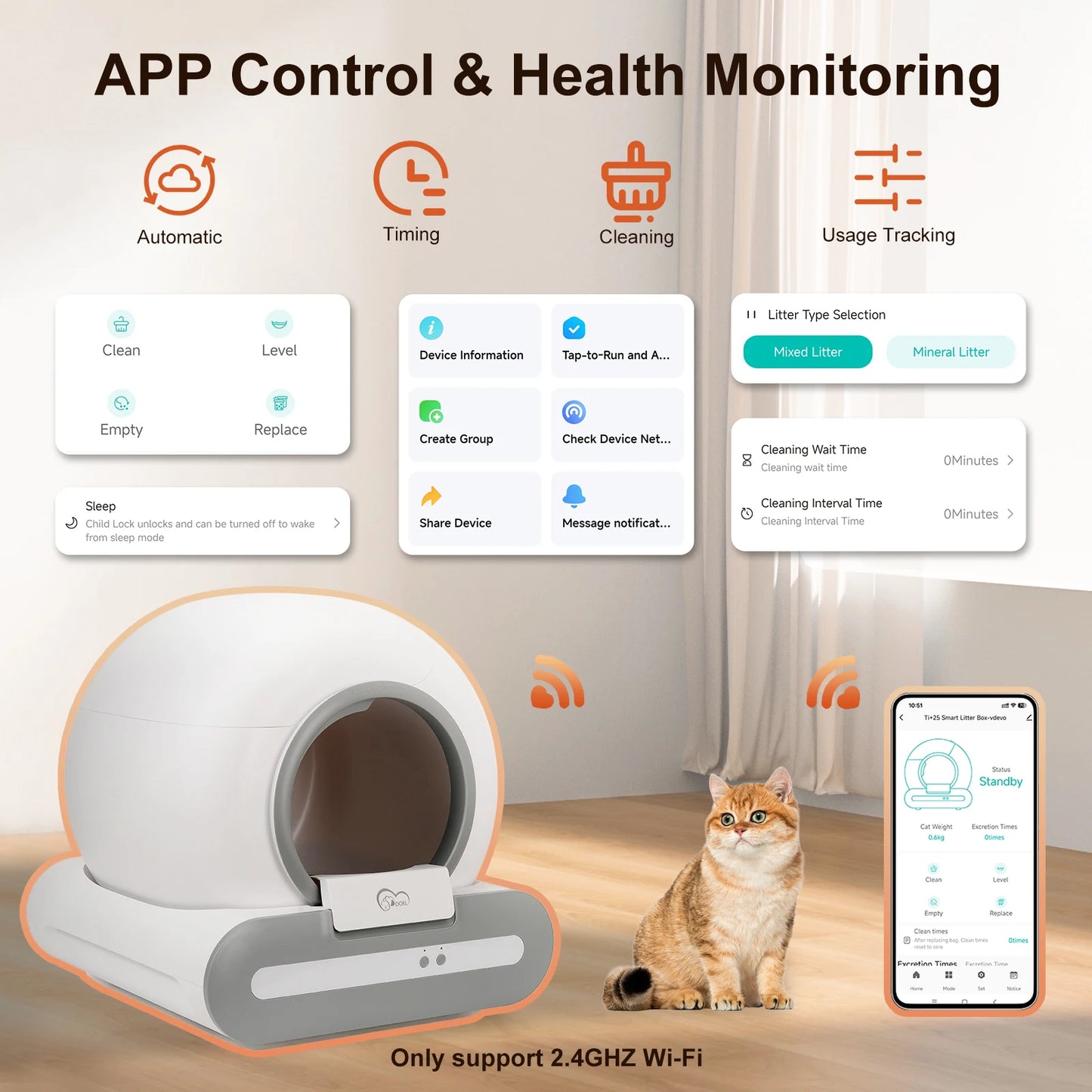 DOEL 65L Self-Cleaning Cat Litter Box App Control, ONLY Supports 2.4G WiFi w/Litter Mat & Trash Bags,
