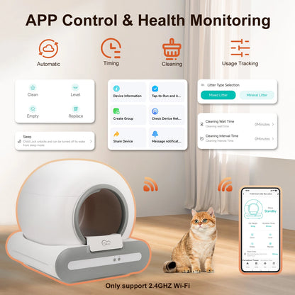 DOEL 65L Self-Cleaning Cat Litter Box App Control, ONLY Supports 2.4G WiFi w/Litter Mat & Trash Bags,