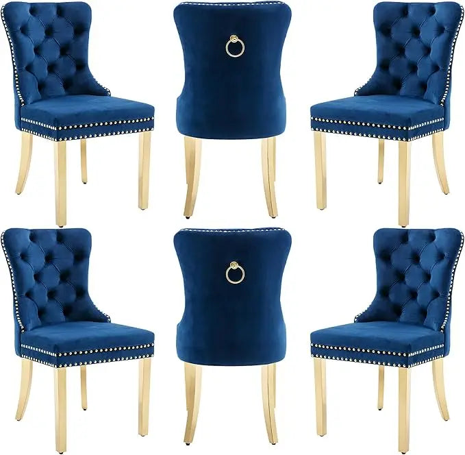 Velvet Dining Chairs Set of 6, Dining Room Chairs with Wood Legs and Pull Ring, Luxury Side Chair
