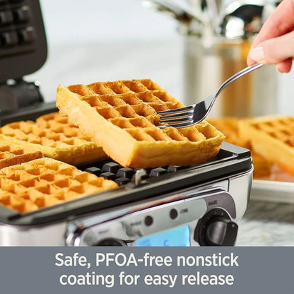 1 Square Belgian Waffle Maker (4-Slice, Silver) – Perfect for Morning Meals, Holiday Brunches; Digital LCD, Audible Alerts