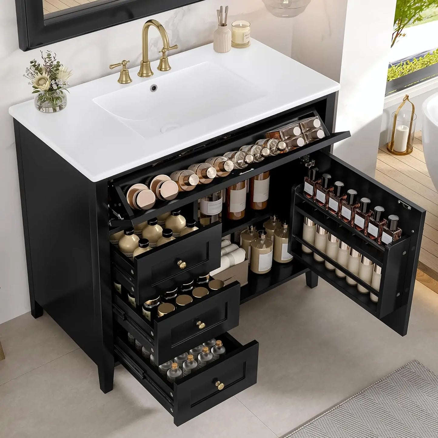 36" Free Standing Bathroom Vanity with Sink, Tip-Out Drawer & 3 Drawers & 2 Doors, Wood Cabinet with Ceramic Basin