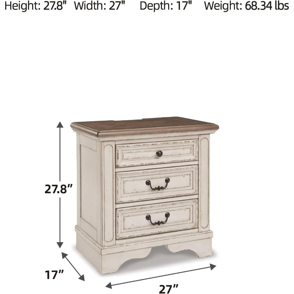 Realyn French Country 3 Drawer Nightstand with Electrical Outlets & USB Ports, 27.75" Tall