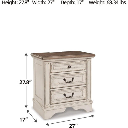 Realyn French Country 3 Drawer Nightstand with Electrical Outlets & USB Ports, 27.75" Tall