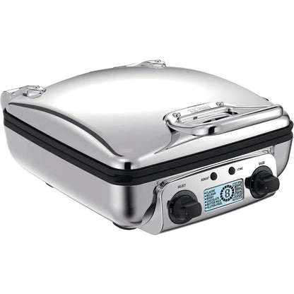 1 Square Belgian Waffle Maker (4-Slice, Silver) – Perfect for Morning Meals, Holiday Brunches; Digital LCD, Audible Alerts
