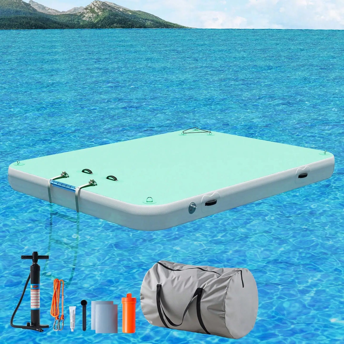 Non Slip Inflatable Air Dock Platform, Floating Island Raft With Rope Ladder, 6FT 7FT 8FT 10FT 12FT