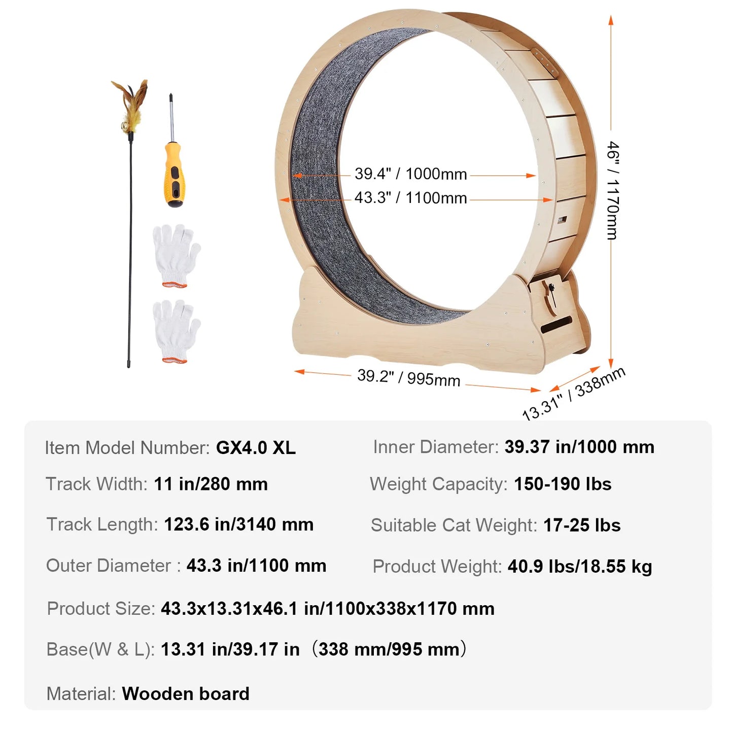 Wooden Cat Exercise Wheel Large Cat Treadmill Wheel for Indoor Cat with Detachable Carpet& Cat Teaser