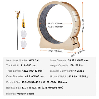 Wooden Cat Exercise Wheel Large Cat Treadmill Wheel for Indoor Cat with Detachable Carpet& Cat Teaser