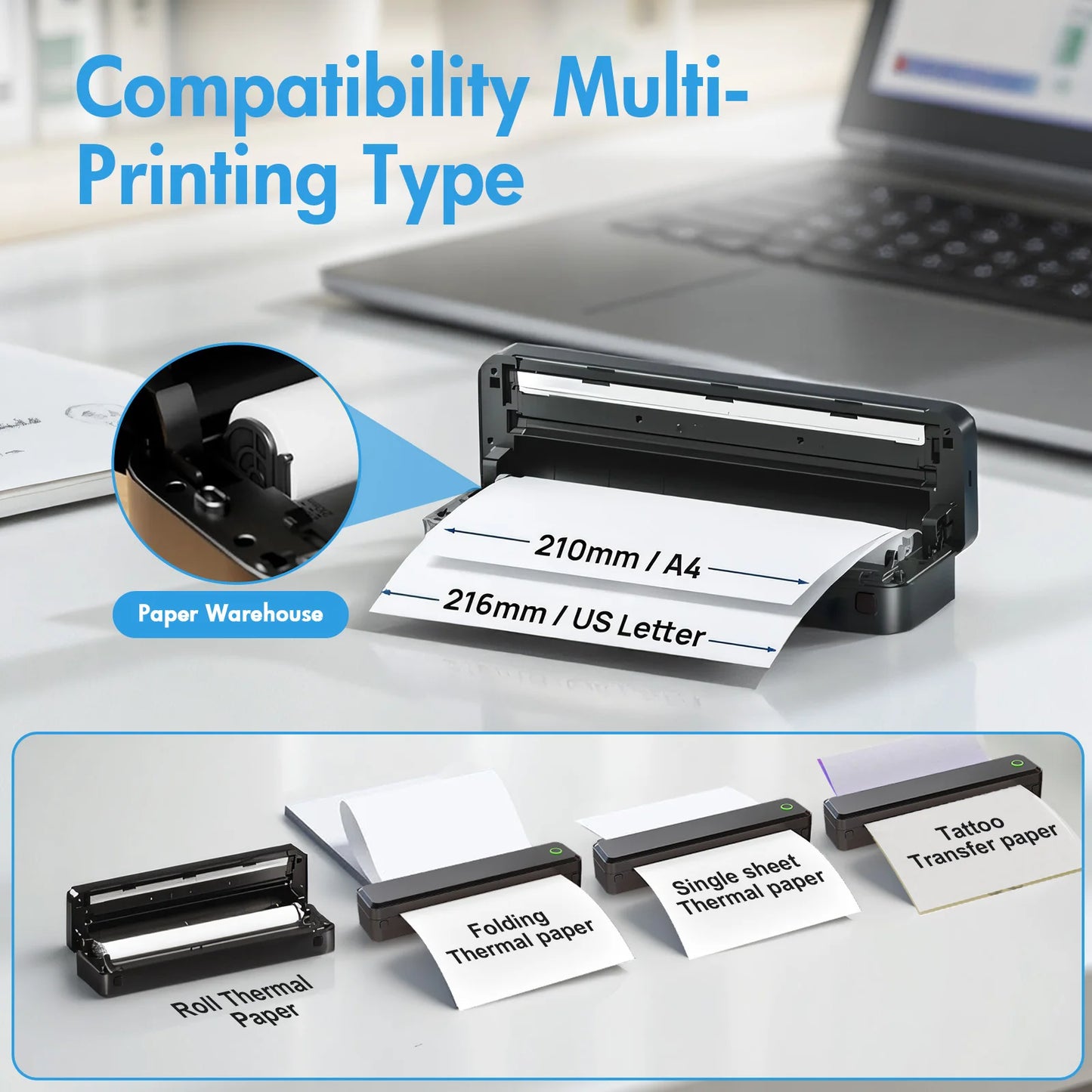 Portable Printers Wireless Inkless Thermal A4 Label Maker US Letter Android iOS Phone & Laptop For Travel Office School