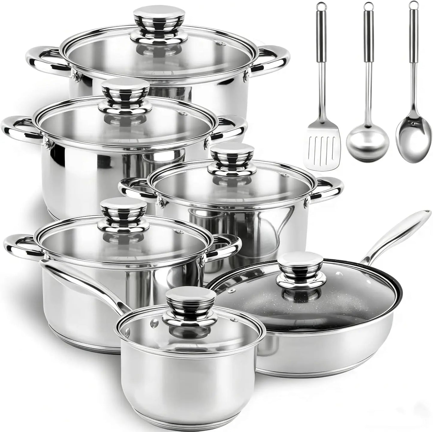 15-Piece Stainless Steel Cookware Set - Nonstick Pots & Pans with Lids, Induction Safe, Oven Compatible