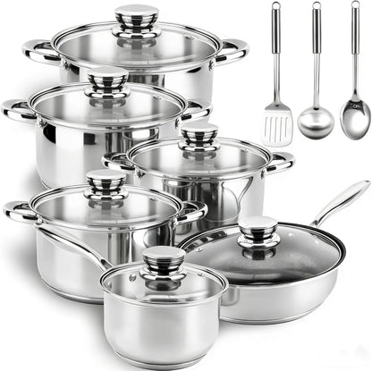 15-Piece Stainless Steel Cookware Set - Nonstick Pots & Pans with Lids, Induction Safe, Oven Compatible