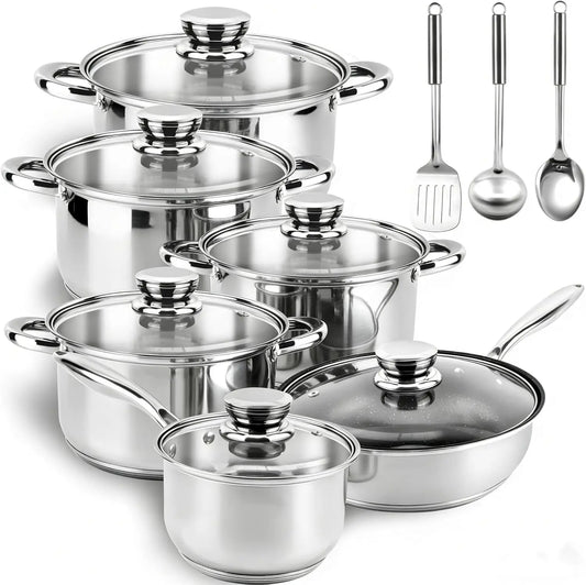 15-Piece Stainless Steel Cookware Set - Nonstick Pots & Pans with Lids, Induction Safe, Oven Compatible