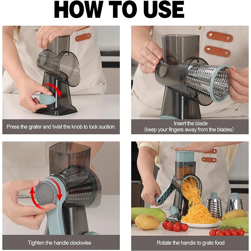 3 in 1 Rotary Cheese Grater Versatile Manual Vegetable Slicer Peanut Nuts Grinder Cheese Vegetable Shredder