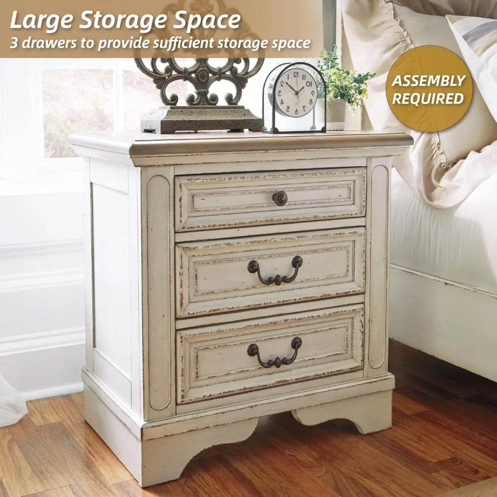 Realyn French Country 3 Drawer Nightstand with Electrical Outlets & USB Ports, 27.75" Tall