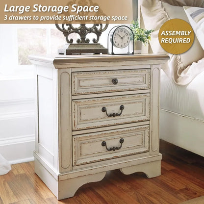 Realyn French Country 3 Drawer Nightstand with Electrical Outlets & USB Ports, 27.75" Tall