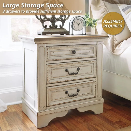 Realyn French Country 3 Drawer Nightstand with Electrical Outlets & USB Ports, 27.75" Tall