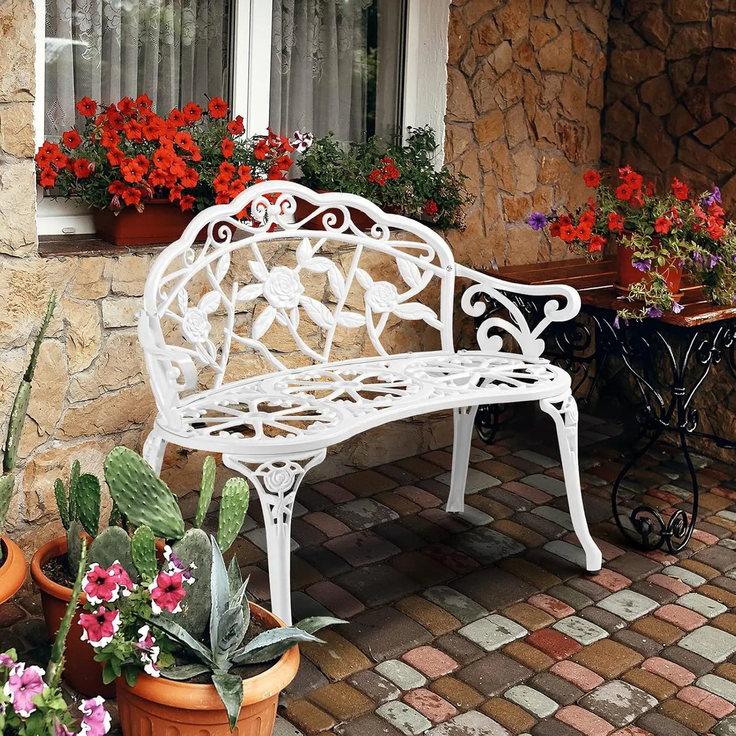 38.5" Outdoor Metal Rose Bench, 2-Person Cast Iron Cast Aluminum Frame Antique Finish