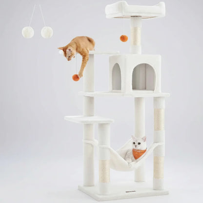 56.3" Multi-Cat Tree Tower Hammock, Condo & Scratching Posts for Indoor Cats