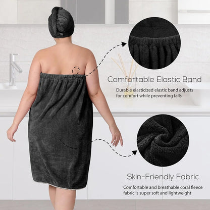 Adjustable Plus Size Towel Wrap with Hair Towel, Spa Bath Dress Black (XXL-XXXXL)
