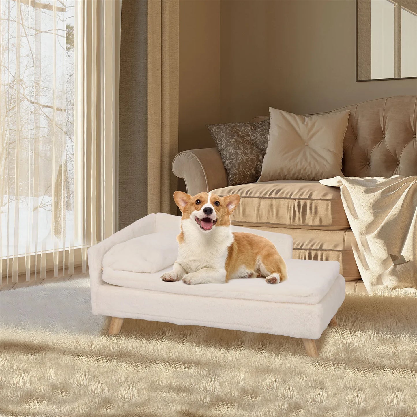Elevated Pet Bed Cozy Pad Waterproof, Pet Sofa Bed with Sturdy Wood Legs for Small Dog Kitten