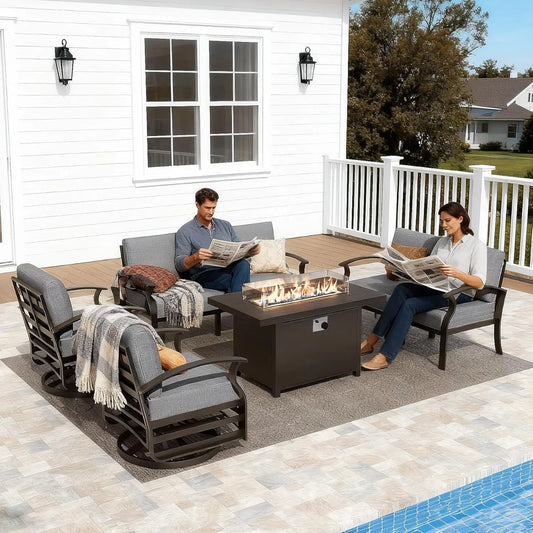 Aluminum Patio Furniture Set with Fire Pit Table, Metal Patio Furniture with 2 Swivel Rocking Chairs