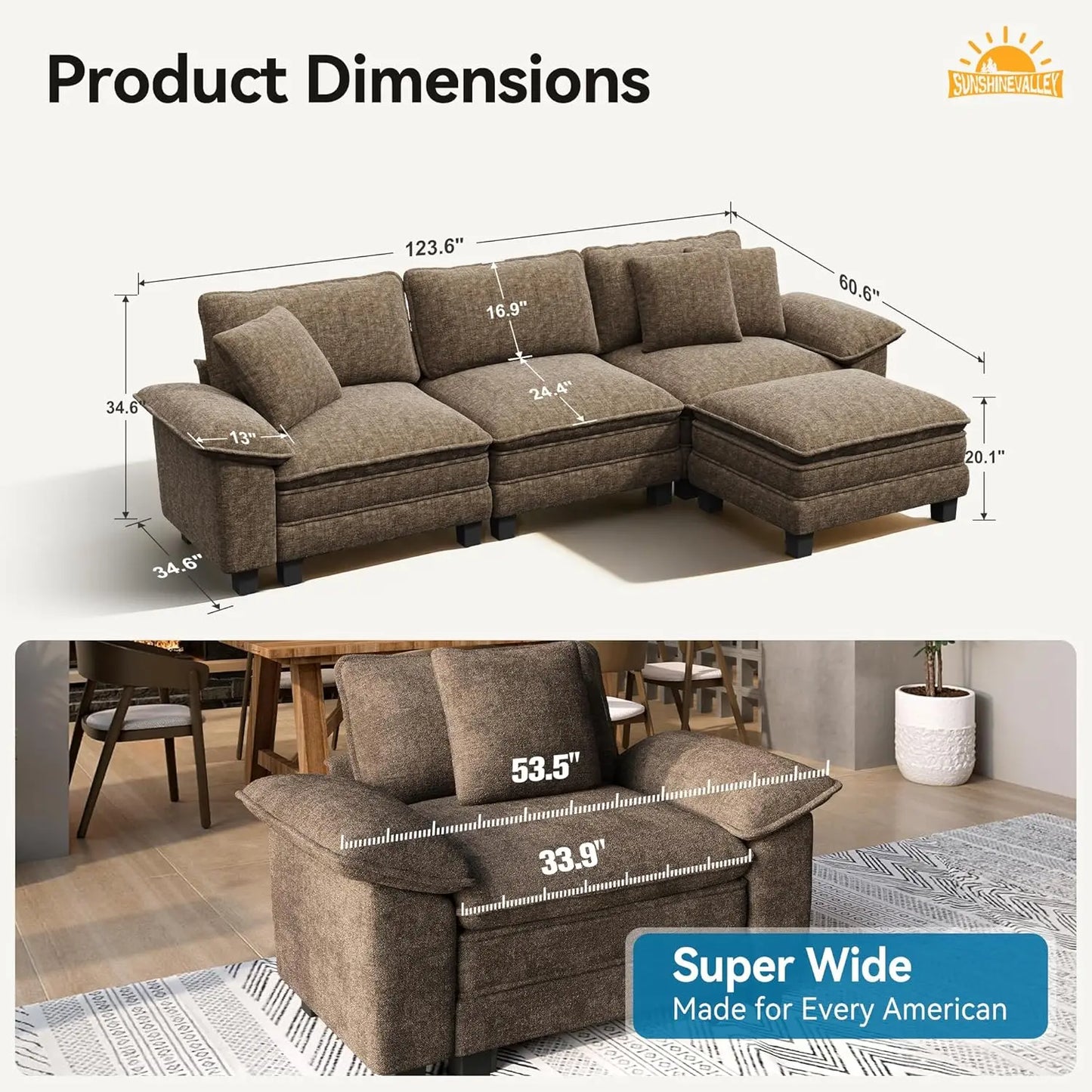 L Shaped Modular Cloud Couch, 123.6'' Comfy Chenille Sectional Sofa with Wider Armrest and Ottoman