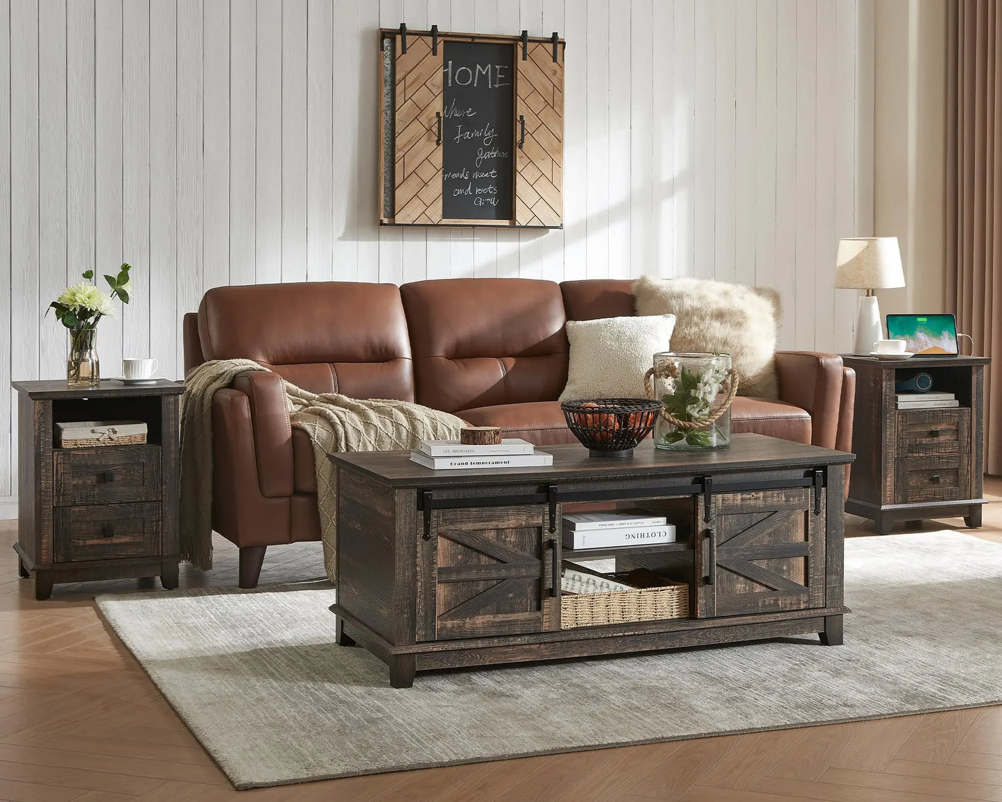 3-Piece Farmhouse Living Room Table Set - Coffee Table with Sliding Barn Doors & End Table Set of 2 with Charging Station