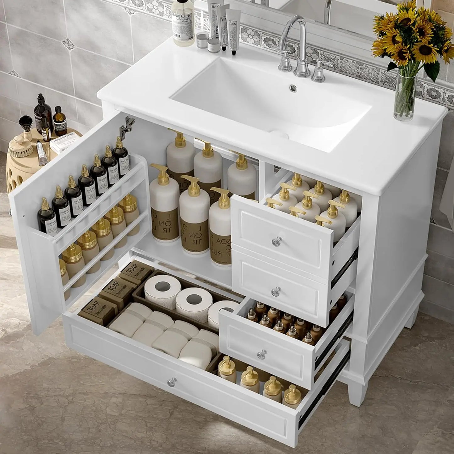 36" Free Standing Bathroom Vanity with Sink, Tip-Out Drawer & 3 Drawers & 2 Doors, Wood Cabinet with Ceramic Basin