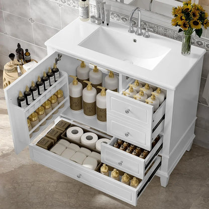 36" Free Standing Bathroom Vanity with Sink, Tip-Out Drawer & 3 Drawers & 2 Doors, Wood Cabinet with Ceramic Basin