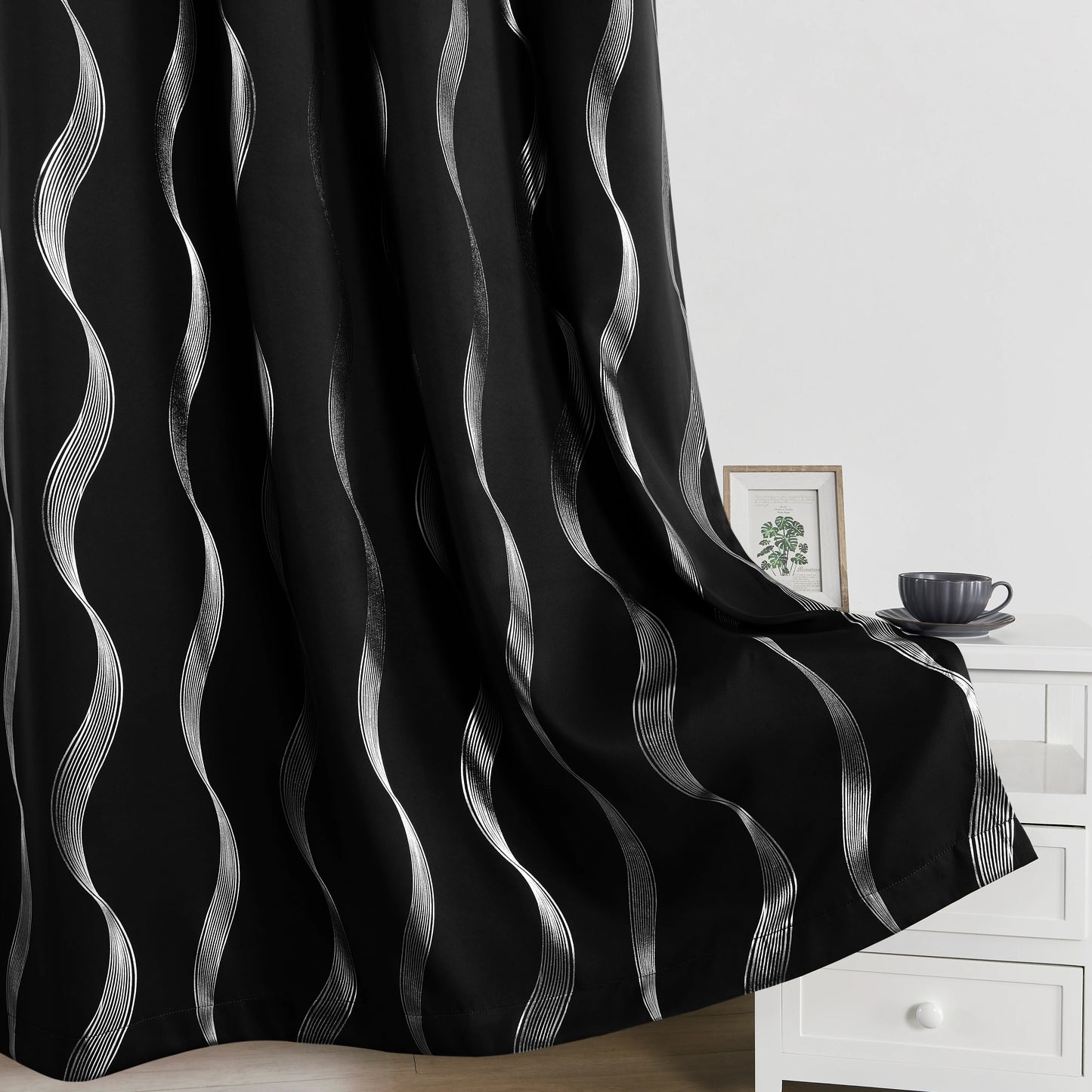 4PCS Blackout Curtains Grommet Thermal Insulated Room Darkening With Wave Foil Printed For Bedroom/Livingroom